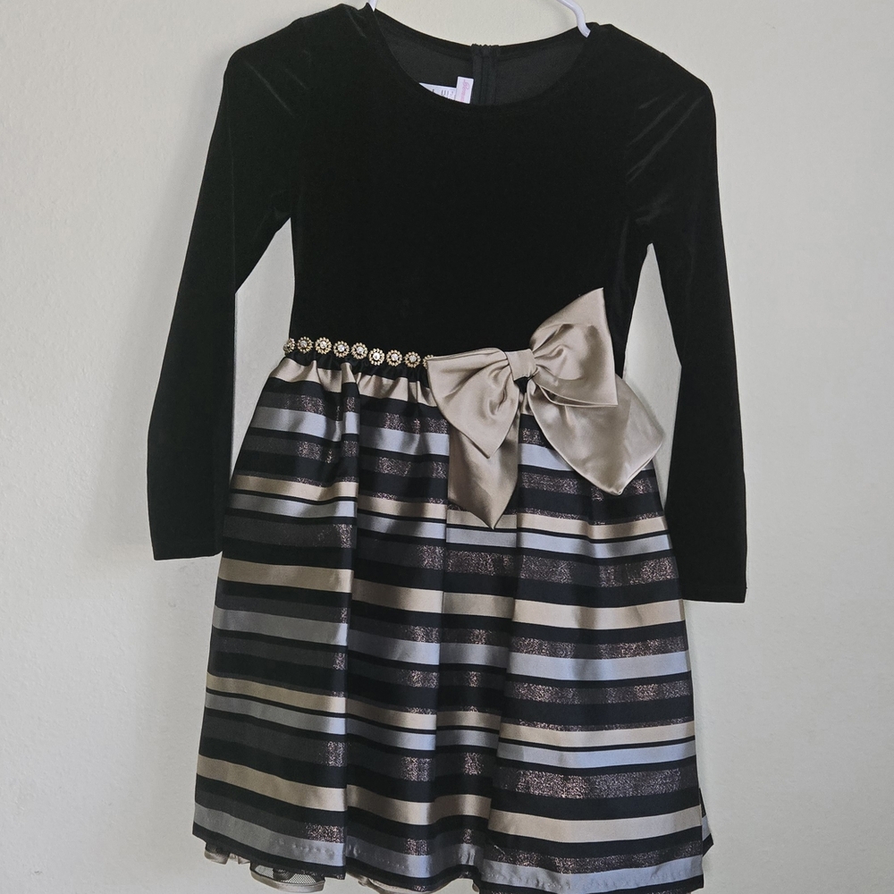 Bonnie Jean Black Velvet & Gold Stripe Holiday Dress (Size 10)